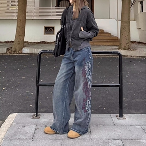 高级感2025秋季新款欧货重工刺绣花时尚个性百搭直筒牛仔裤阔脚裤图片