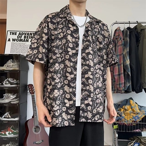 复古痞帅黑花短袖衬衫男女款休闲宽松衬衣外套DX101-特P30 限价48图片