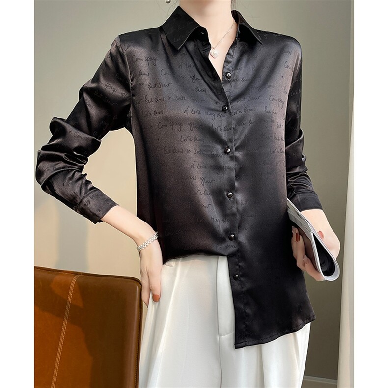 高级垂感丝滑缎面衬衫女印花通勤丝滑垂感长袖上衣春秋新款OL衬衣，女装衬衫，优麦羊绒（原洪叶羊绒）