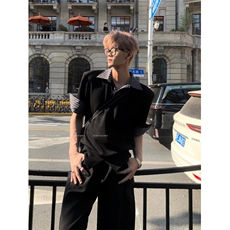 得物抖音高品质二开夏季美式潮牌假两件条纹衬衫翻领高街短袖T恤，男装T恤，电商A486