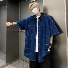 牛仔衬衫男短袖韩版潮拼色领口个性2023夏季新款ins外套CY401-P49，男装衬衫，星座412-3