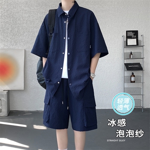 特批P55无差价夏季休闲百搭泡泡纱大码冰丝两件套套装男TZ5585图片