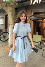 蓝色气质减龄学院风衬衫裙女中长款2024夏新款法式宽松洋气连衣裙，女装连衣裙，纯色衣恋
