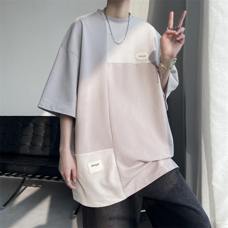 7XL-M美式纯短袖T恤男2023夏季新款ins潮拼接宽松体恤加肥加大,男装T恤,钱塘717(原712)