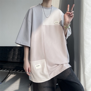7XL-M美式纯短袖T恤男2023夏季新款ins潮拼接宽松体恤加肥加大图片