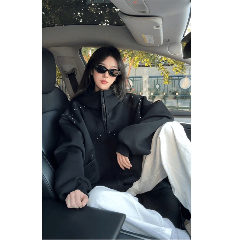 抖音得物高品质二开26春装美式高街铆钉拼接纯色开衫卫衣外套W122,女装短外套,电商A486