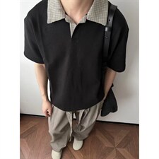 千鸟格拼接polo衫短袖男夏季老钱风复古正肩T恤重磅半袖TXT65，男装T恤，星座516A