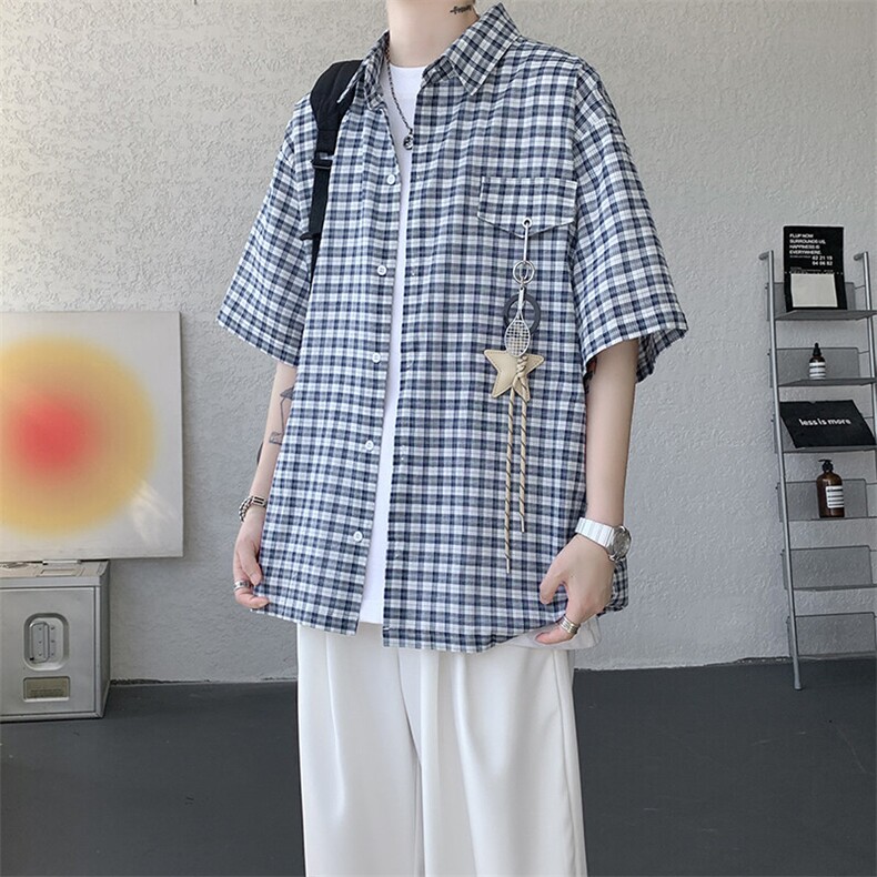 （带配件）CS1151-特批40控78夏季新款男女格子短袖大码男衬衫,男装T恤,电商A059