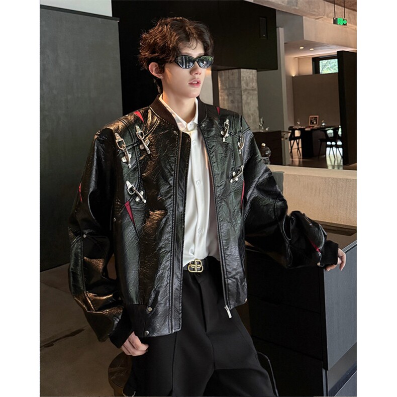 25秋冬pu撞色拼接金属飞机扣短款解构机车夹克外套JK116-P218,男装夹克,电商B288