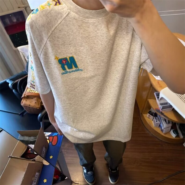 ins美式高街连肩彩色字母刺绣短袖t恤男女款小众设计感情侣上衣潮,男装T恤,星座1210-1