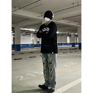 做旧复古水洗高街破洞牛仔裤男阔腿小众设计感乞丐裤 NM771图片