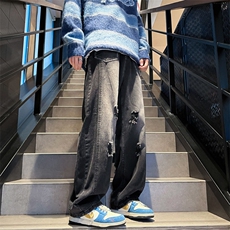 美式hiphop裤子ins高街潮水洗渐变假破洞牛仔裤男休闲裤N04-P45，男装牛仔裤，星座308B-1
