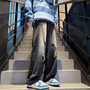 美式hiphop裤子ins高街潮水洗渐变假破洞牛仔裤男休闲裤N04-P45图片
