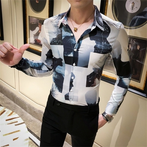 2021春男衬衫英伦男长袖上衣韩版修身印花男花衬衫A068-H810图片