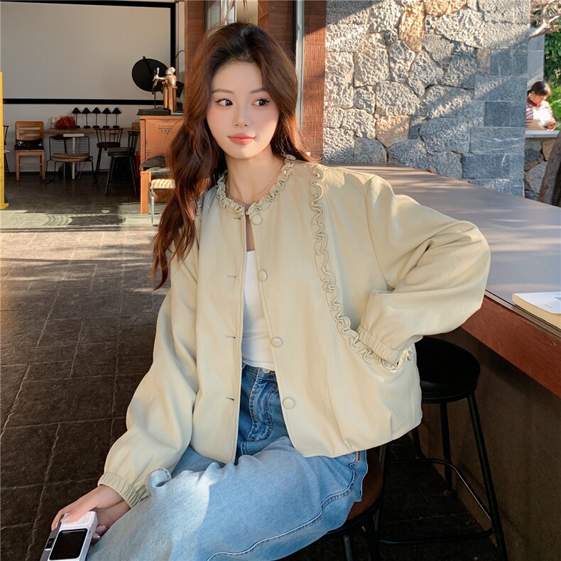 【新品】2026春季米黄色花边皮衣C5802P165K268,女装皮衣,2D113