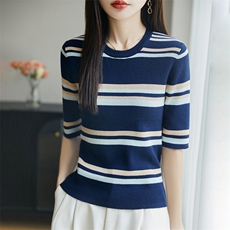 2025简约百搭时尚条纹短袖衬衣针织衫，女装针织衫/毛衣，长今羊