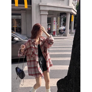 TC632-P45美式复古红格子衬衫女春夏季2026新款Polo领衬衣图片
