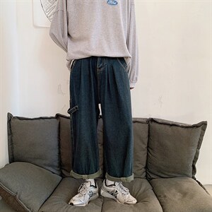 春季港风文艺工装日系宽松休闲口袋男牛仔裤坠感直筒阔腿裤老爹裤图片
