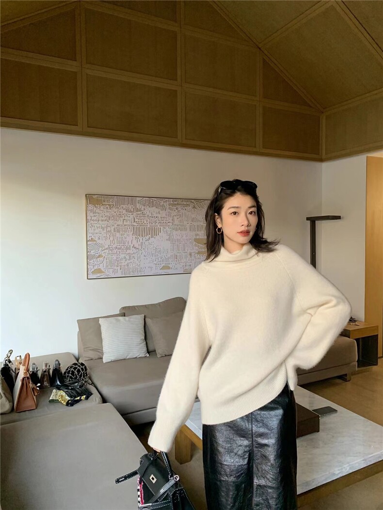 高级感气质灰色堆堆领毛衣女冬季复古高领套头宽松针织上衣,针织衫/毛衣,半城羊绒