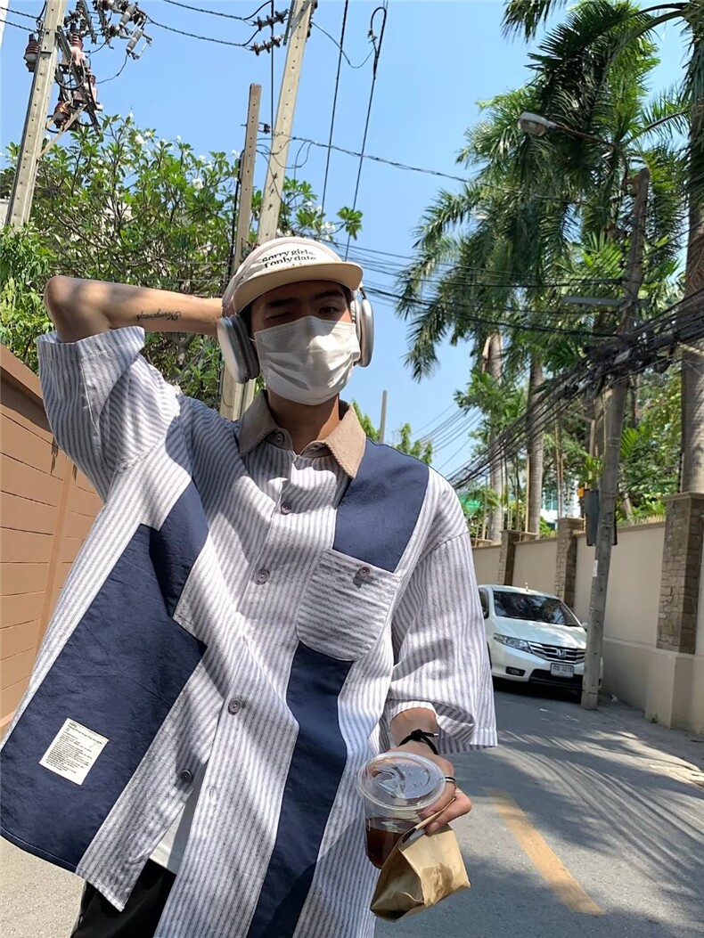 夏季新款港风简约拼色潮牌条纹翻领短袖衬衫五分袖CS29-P35,男装衬衫,星座1109-3