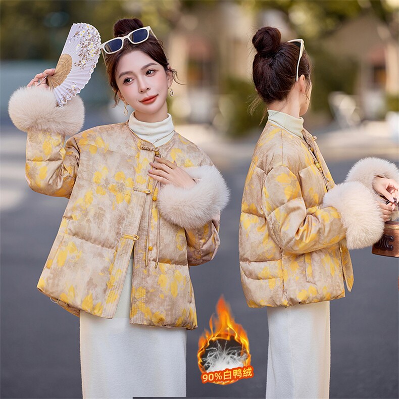 90绒。2025年冬季新中式狐狸真毛袖口拼接羽绒服外套女,女装羽绒服,E百度