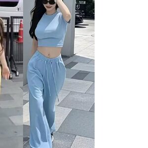 2025时尚辣妹修身短袖阔腿长裤两件套装女宽松显瘦百搭短袖T恤图片