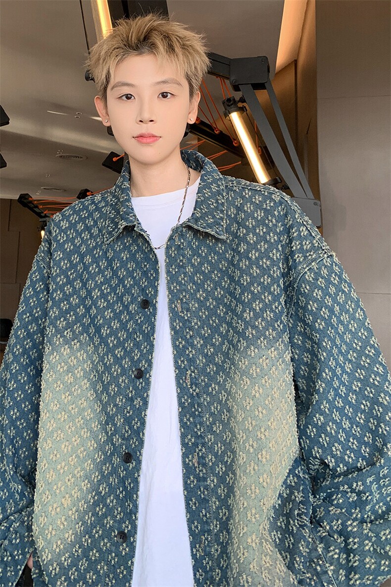 特批P55无差价25春设计感提花牛仔服夹克男美式大码翻领外套NJ151,男装夹克,电商A001-1