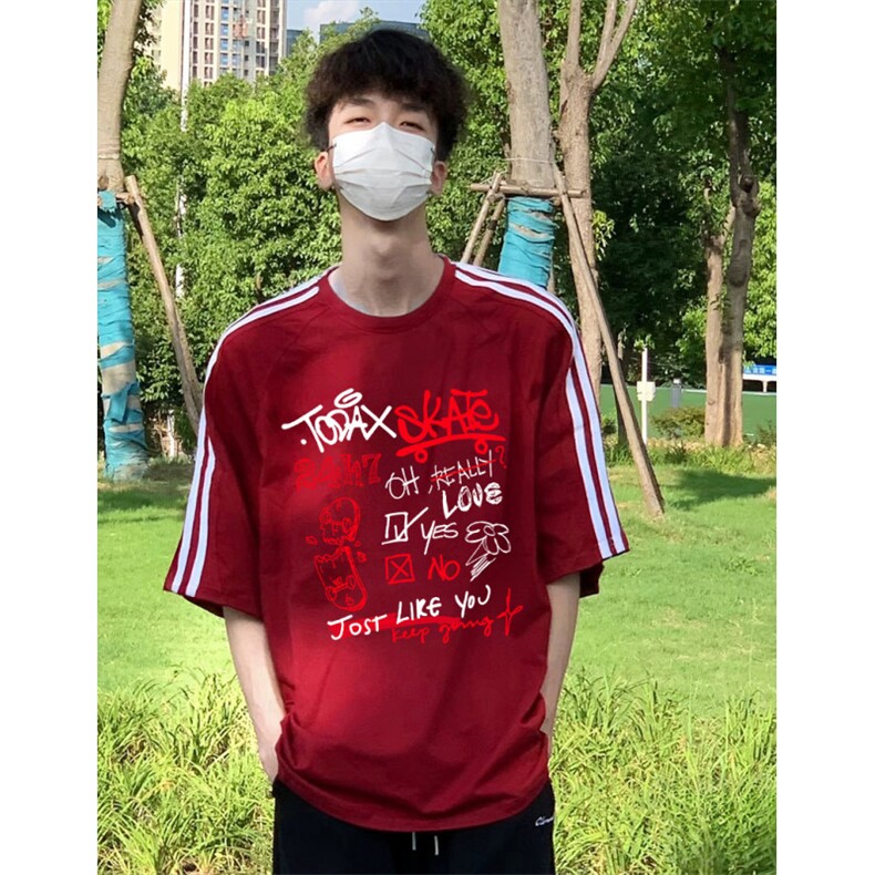 抖音得物高品质二开240克宽松纯棉美式潮牌三条杠织带短袖T恤,男装T恤,电商A486-1