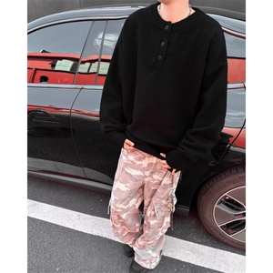 亨利领针织衫毛线衣青少年大码潮牌胖子宽松外套春秋装简约M6043图片