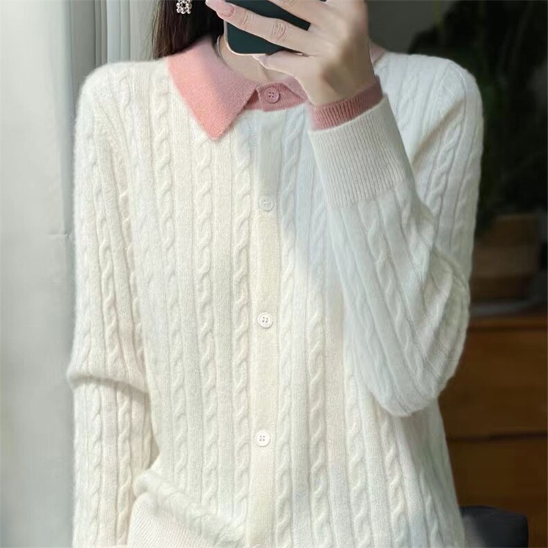 时尚高级感拼接翻领百搭针织衫优雅显瘦长袖开衫外套,针织衫/毛衣,萱芳婷羊绒