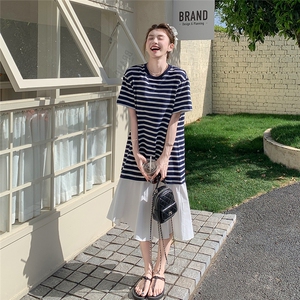 韩系甜美减龄学院风荷叶边条纹t恤裙夏季新款小个子学生连衣裙女图片