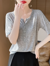 春秋短袖高档新款简约四扣半开圆领薄款打底衫女t恤针织上衣，女装针织衫/毛衣，绒宛羊绒
