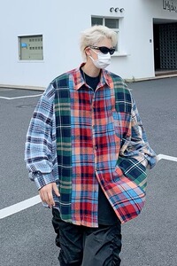 新款街头风拼接格子衬衫临时流放春秋格纹衬衣外套B402-310B-P40图片