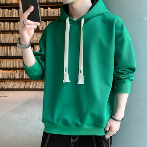 好质量！学生百搭上衣男圆领连帽华夫格卫衣男大码长袖t恤男W622图片
