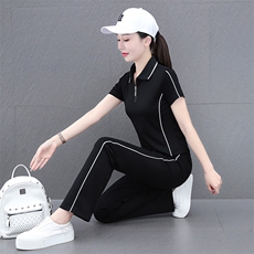 燕颉冰丝运动服套装女夏季2023年时尚洋气翻领薄款短袖休闲两件套，女装套装/套裙，燕颉服饰