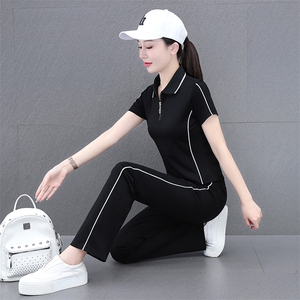 燕颉冰丝运动服套装女夏季2023年时尚洋气翻领薄款短袖休闲两件套图片