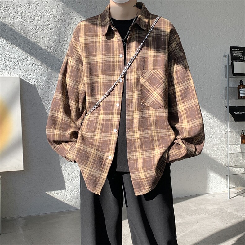 衬衫男秋季新款港风宽松大码磨毛格子长袖衬衣CS601-特P27，男装衬衫，星座214-3