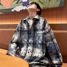 HJ45日系ins翻领潮流简约时尚港风少年感格子长袖衬衫男常规宽松，男装衬衫，星座308A-1（原309B-1）