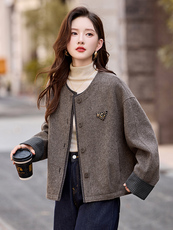 现货小香风圆领毛呢短外套女2026秋季新款复古拼接皮衣百搭上衣，女装毛呢外套，依如秀(原杭风阁)