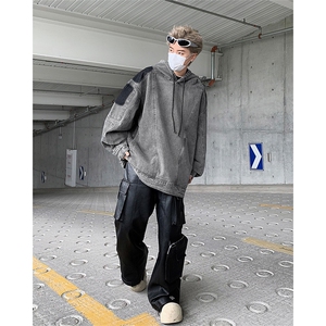 美式复古做旧拼接牛仔卫衣连帽外套潮牌欧美街头vint机车服男街景图片