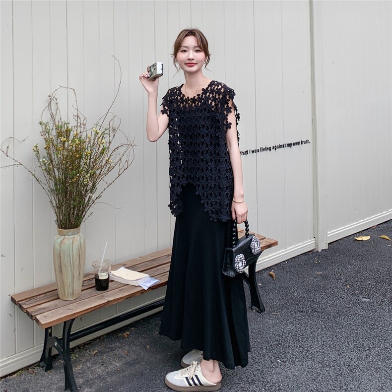黑色辣妹性感蕾丝镂空罩衫两件套连衣裙夏新款别致显身材吊带长裙图片