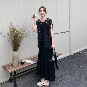 黑色辣妹性感蕾丝镂空罩衫两件套连衣裙夏新款别致显身材吊带长裙图片