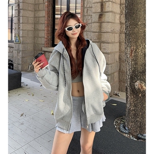 抖音得物二开美式高街重磅结构双层撞色连帽卫衣开衫外套W116图片