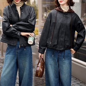 皮衣女款2024冬季加绒酷飒风洋气针织帽减龄穿搭时尚流行短款上衣图片