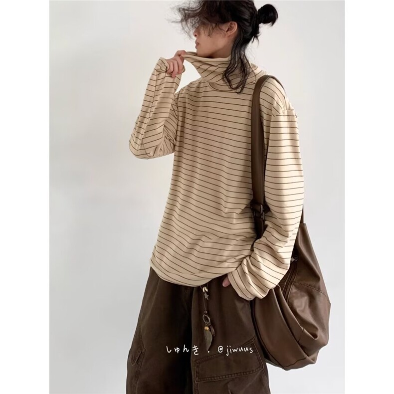 秋冬新款宽松半高领条纹长袖T恤女宽松百搭显瘦内搭上衣打底衫,男装T恤,星座506A
