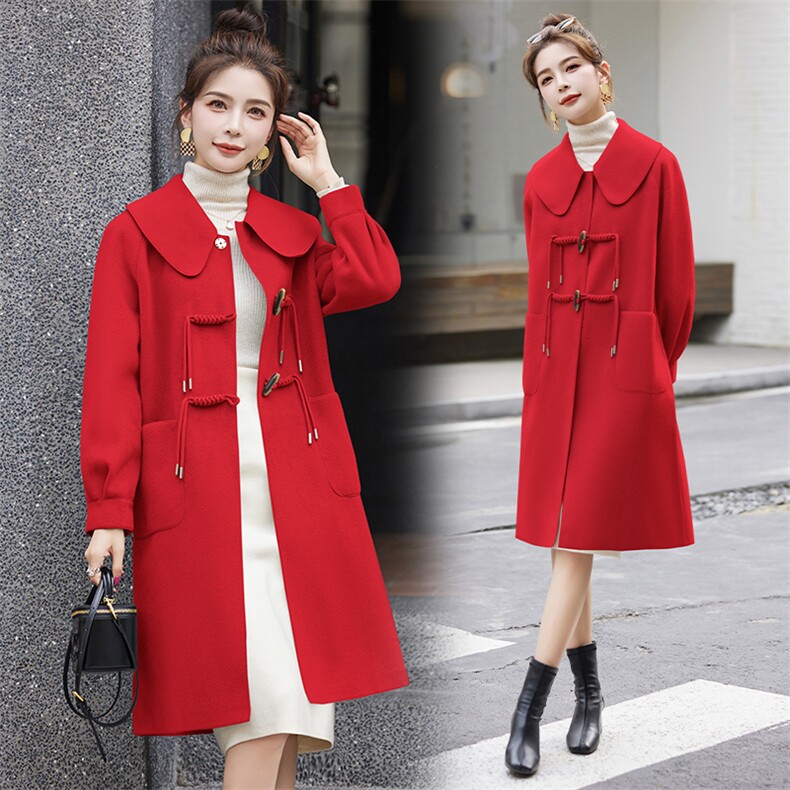 现货手工缝制双面羊毛羊绒保暖外套冬季新款女装时尚气质盘扣大衣，女装双面呢大衣，韩美纤衣