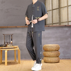 风夏季两件套男士冰丝宽松短袖套装民族男装汉服，男装T恤，星座1206（原A206）