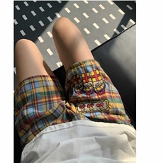韩版小众设计感撞色格子卡通印花短裤睡裤女夏季休闲遛弯家居裤夏，男装牛仔裤，四季星座505
