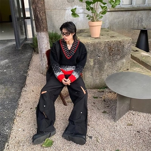V12-P61 冬装小众渐变重磅撞色V领毛衣男设计感高级廓形慵懒图片