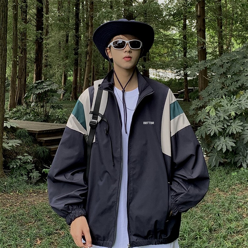 现货秋季潮牌休闲冲锋衣美式复古拼接撞色立领外套男W7808-P48，女装短外套，星座512-3